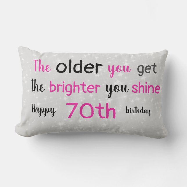 Cute grey and pink 70th birthday lumbar cushion (Front)