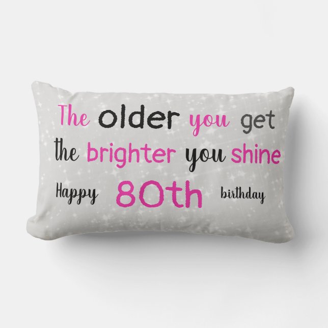 Cute grey and pink 80th birthday lumbar cushion (Front)