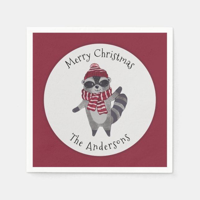 Cute Grey and Red Watercolor Christmas Racoon  Napkin (Front)