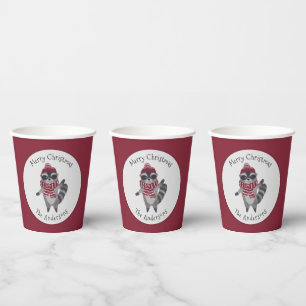 Cute Grey and Red Watercolor Christmas Racoon  Paper Cups