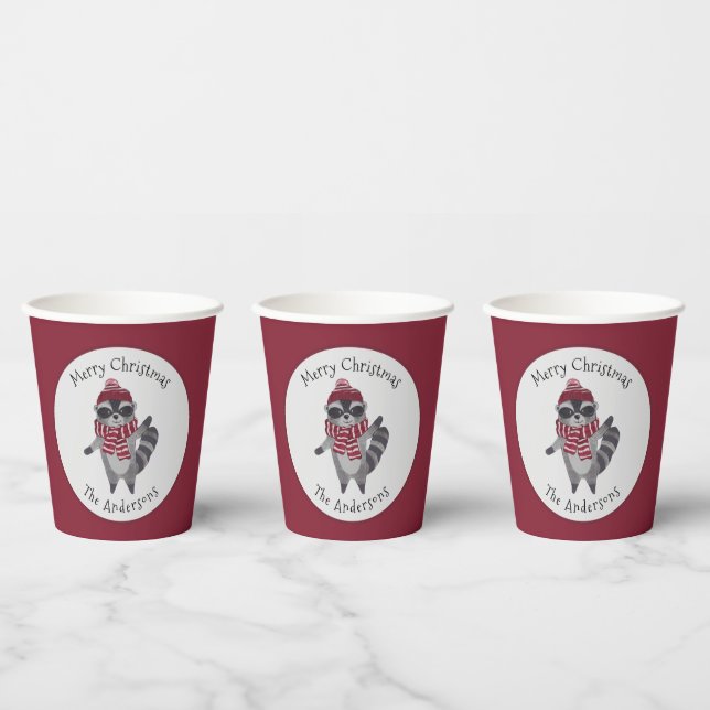 Cute Grey and Red Watercolor Christmas Racoon  Paper Cups (Multi)