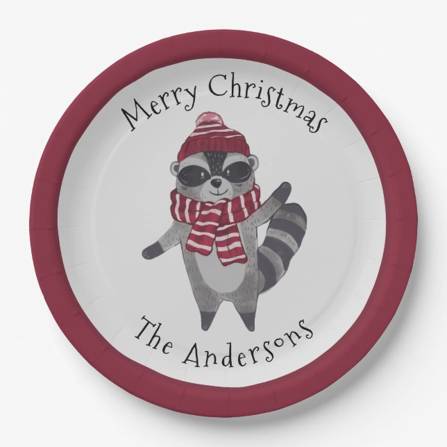 Cute Grey and Red Watercolor Christmas Racoon  Paper Plate (Front)
