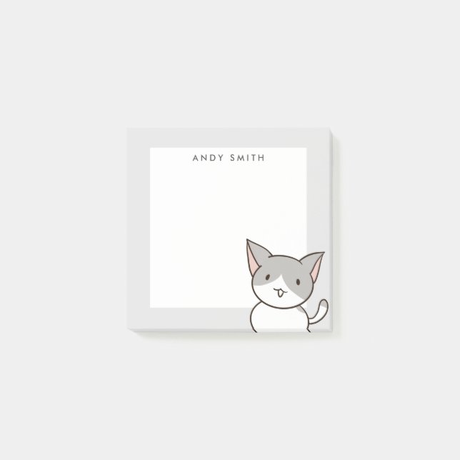 Cute Grey and White Cat Personalised Post-it Notes (Front)