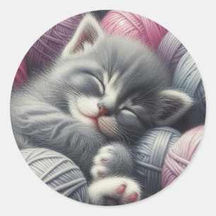 Cute Grey and White Kitten Napping in Yarn Classic Round Sticker