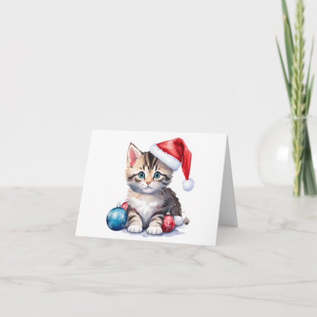 Cute Grey and White Santa Kitten BLANK  Holiday Card (Front)