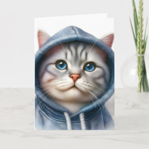 Cute Grey and White Tabby Cat Blue Eyes Hoodie Card