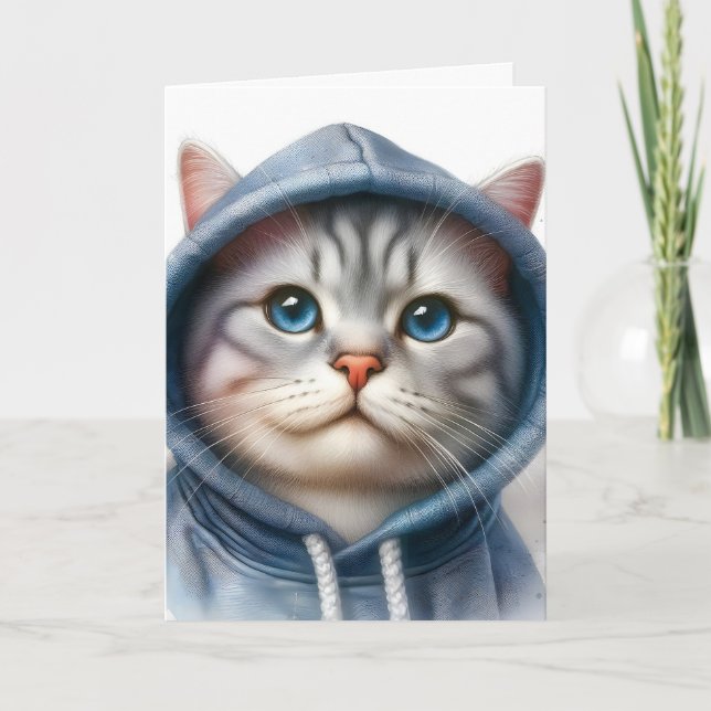 Cute Grey and White Tabby Cat Blue Eyes Hoodie  Card (Front)