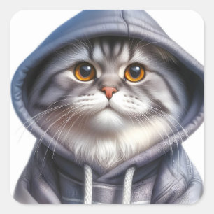 Cute Grey and White Tabby Cat Wearing a Hoodie  Square Sticker
