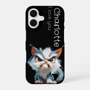 Cute grey angry cartoon cats name iPhone 16 case