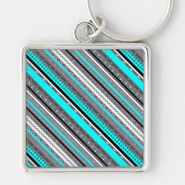 Cute grey aqua aztec patterns key ring (Front)