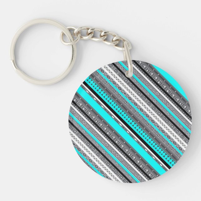 Cute grey aqua aztec patterns key ring (Front)