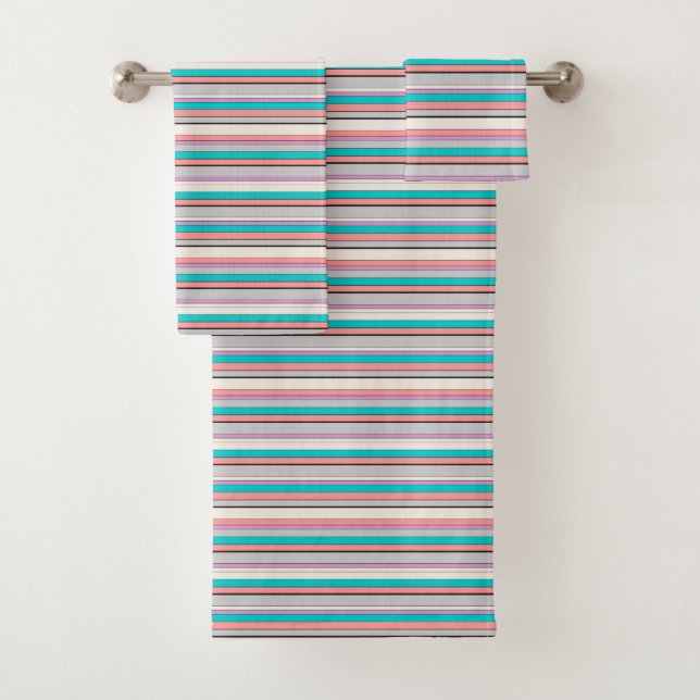 Cute grey aqua stripes bath towel set (Insitu)