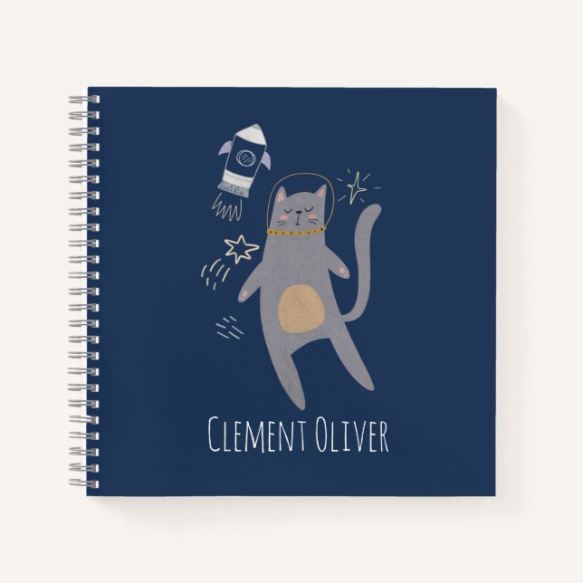Cute Grey Astronaut Cat Custom Name Notebook (Front)