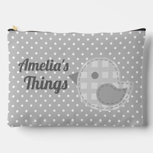 Cute Grey Baby Bird and Polka Dot Personalised Accessory Pouch (Front)