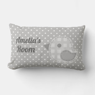 Cute Grey Baby Bird and Polka Dot Personalised Lumbar Cushion