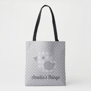 Cute Grey Baby Bird and Polka Dot Personalised Tote Bag