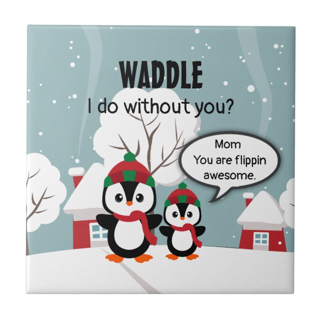 Cute Grey Baby Penguin In Winter Snow Tile (Front)