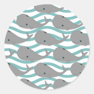 Cute Grey Baby Whale on the Waves Cartoon Classic Round Sticker