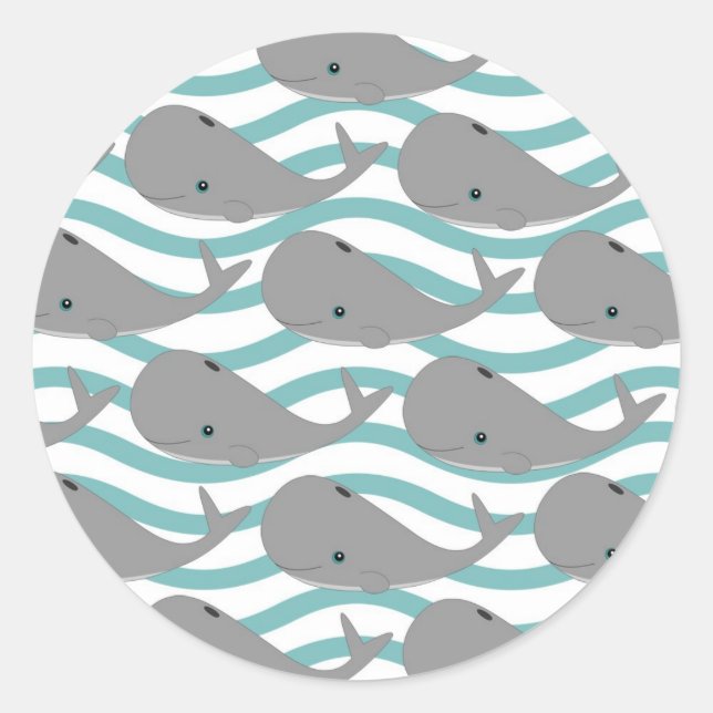 Cute Grey Baby Whale on the Waves Cartoon Classic Round Sticker (Front)