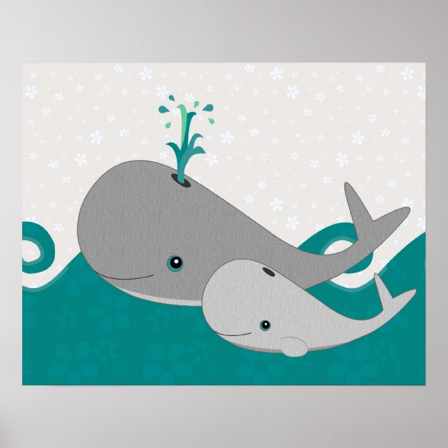 Cute Grey Baby Whale on the Waves Cartoon Poster (Front)