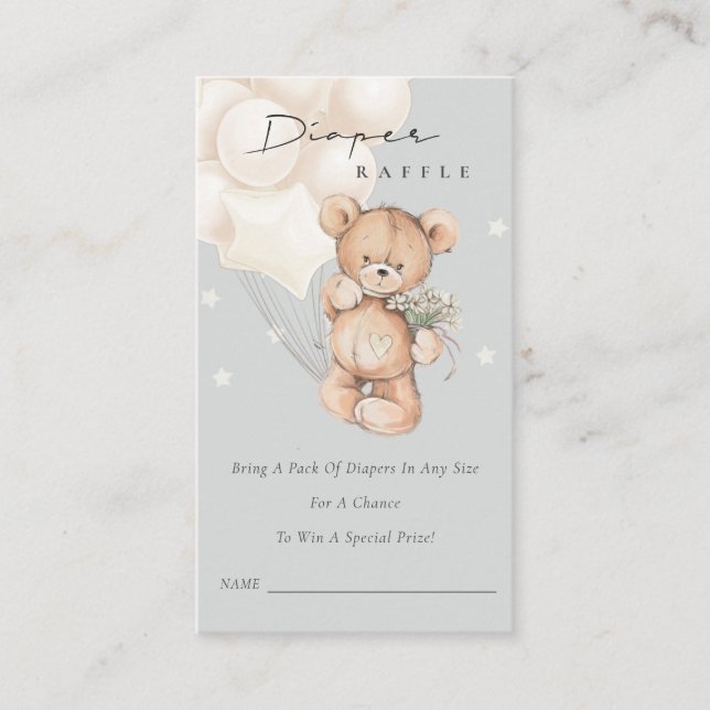 Cute Grey Bear Balloon Diaper Raffle Baby Shower Enclosure Card (Front)