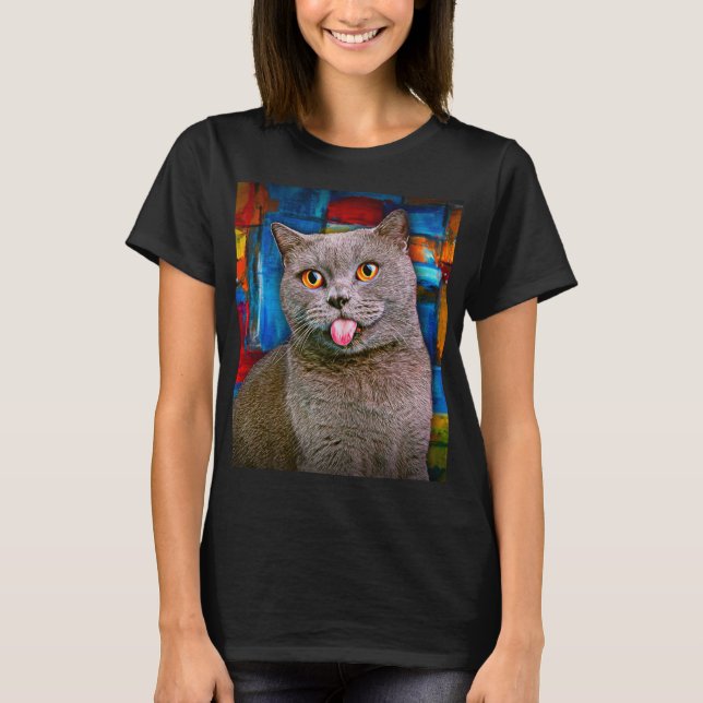 Cute Grey British Shorthair Cat Portrait Painting T-Shirt (Front)