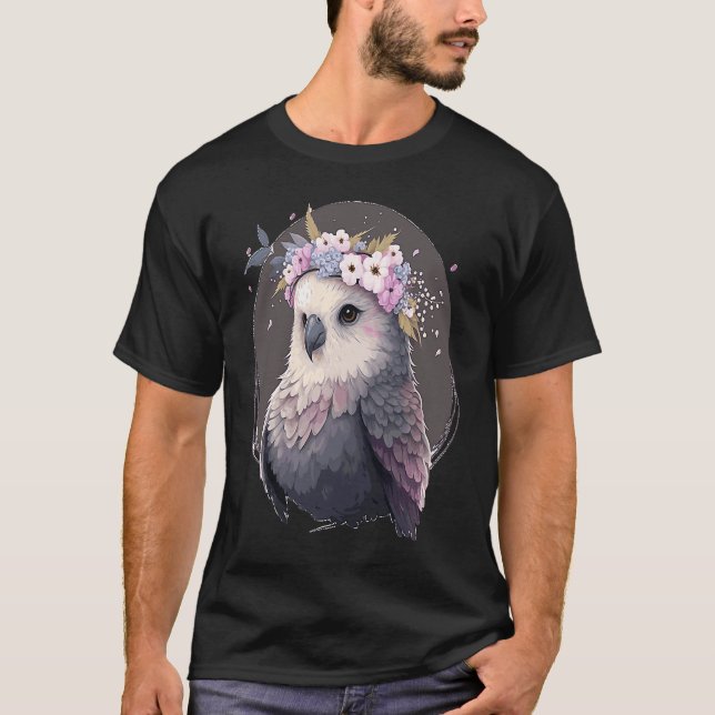 Cute Grey Budgie Parakeet Bird Flower Crown Pet Bi T-Shirt (Front)