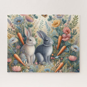 Cute Grey Bunnies With Carrots Jigsaw Puzzle