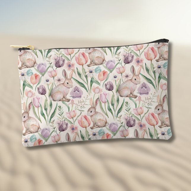 Cute Grey Bunny with Colourful Tulips Accessory Pouch (Creator Uploaded)