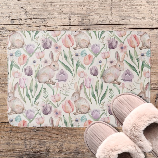 Cute Grey Bunny with Colourful Tulips Bath Mat (Creator Uploaded)