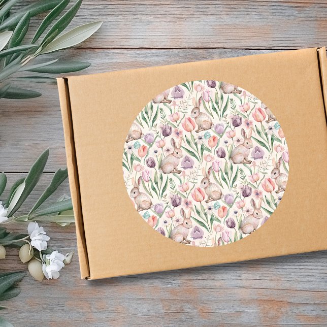 Cute Grey Bunny with Colourful Tulips Classic Round Sticker (Creator Uploaded)