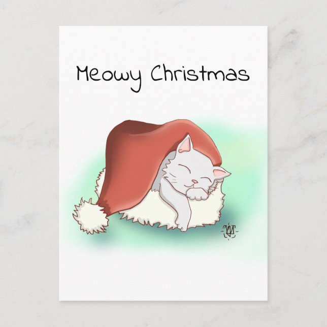 Cute Grey Cartoon Cat Sleeping in Santa Hat Postcard (Front)