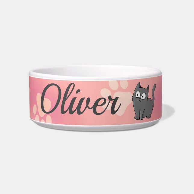 Cute Grey Cartoon Kitten on Pink Pawprint Bowl (Front)