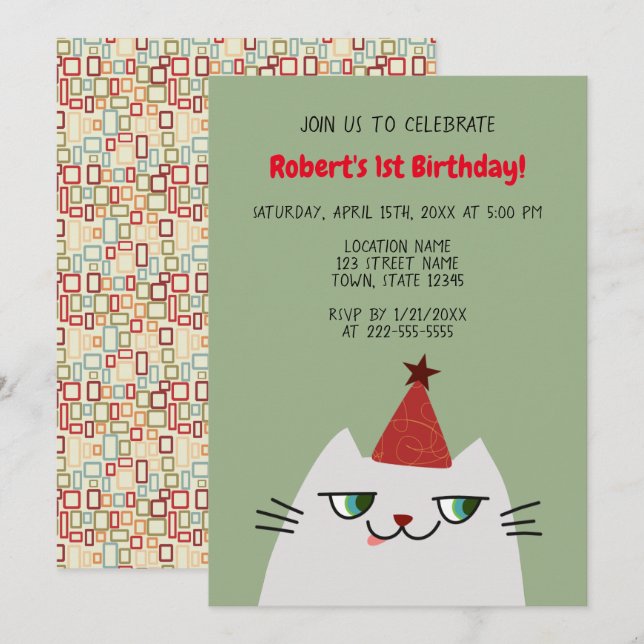 Cute Grey Cat 1st Birthday Invitation (Front/Back)