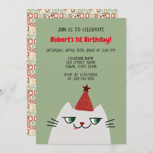 Cute Grey Cat 1st Birthday Invitation