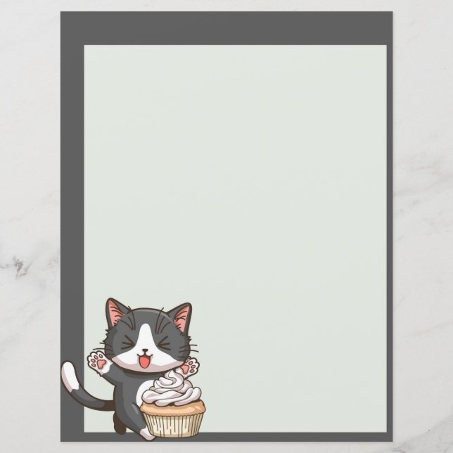 Cute grey cat and cupcake Paper Sheet (Front)