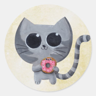 Cute Grey Cat and Doughnut Classic Round Sticker