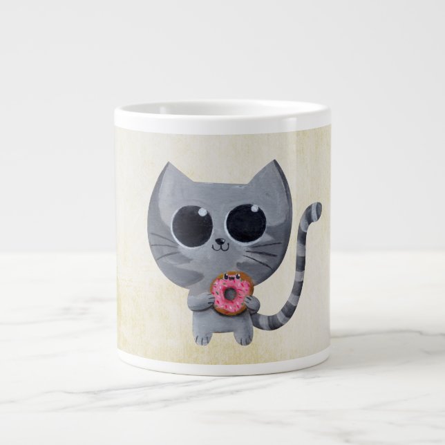 Cute Grey Cat and Doughnut Large Coffee Mug (Front)