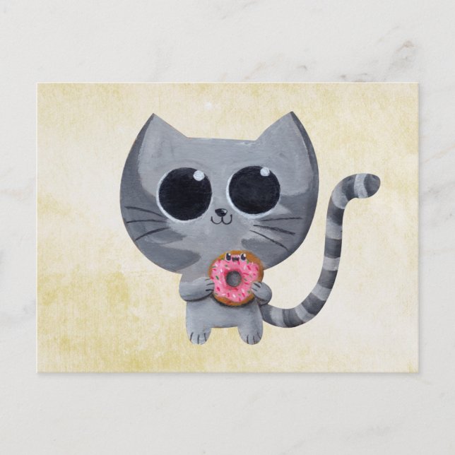 Cute Grey Cat and Doughnut Postcard (Front)