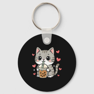 Cute Grey Cat Boba Tea Bubble Tea Anime Kawaii Nek Key Ring