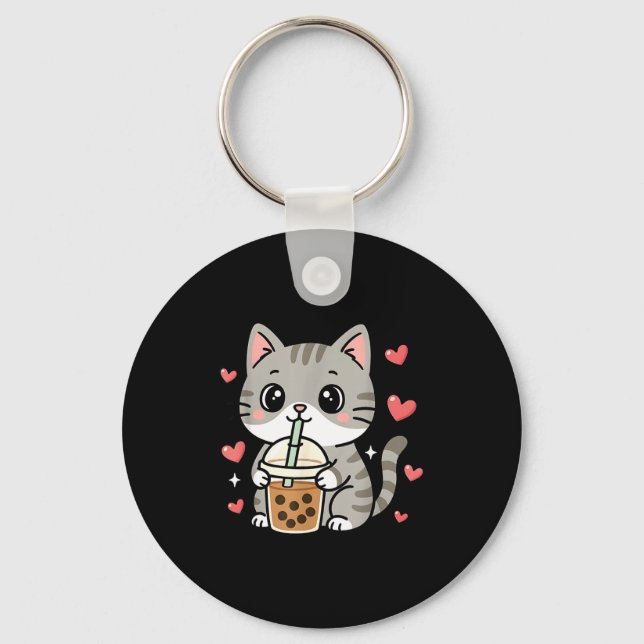 Cute Grey Cat Boba Tea Bubble Tea Anime Kawaii Nek Key Ring (Front)