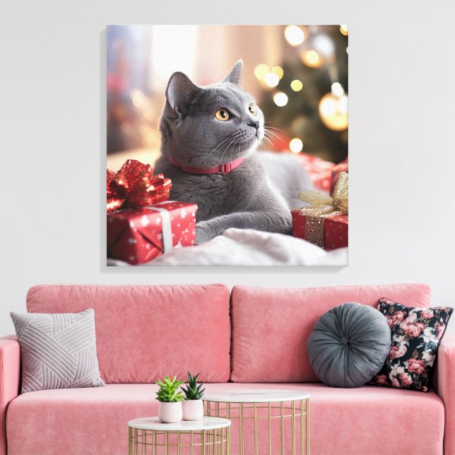 Cute Grey Cat Celebrating Christmas Canvas Print (Insitu(LivingRoom))
