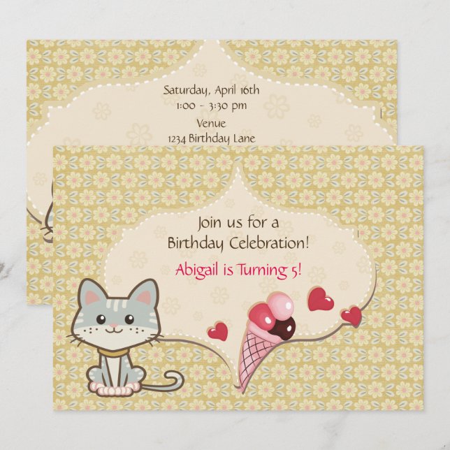 Cute Grey Cat, Ice Cream and Flowers Birthday Invitation (Front/Back)