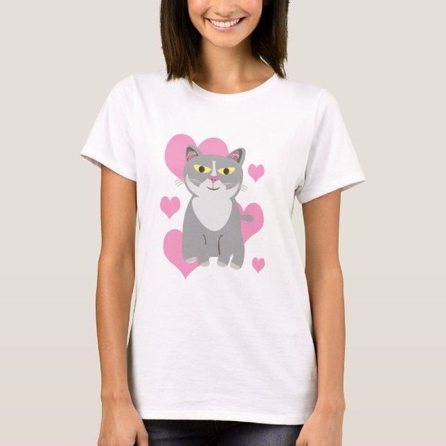 Cute Grey Cat Love Cartoon Pet Art Design T-Shirt (Front)