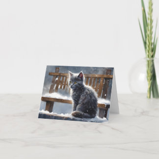 Cute Grey Cat on Bench Winter Snow Blank Greeting Card