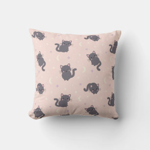 Cute Grey Cat Pink Throw Pillow