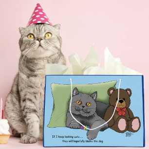 Cute Grey Cat Teddy Bear Funny Blue Large Gift Bag