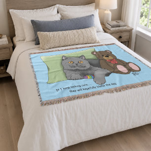 Cute Grey Cat Teddy Bear Funny Blue Throw Blanket