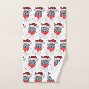Cute Grey Cat Watercolor with Scarf Hand Towel
