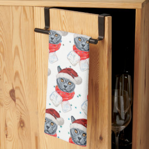 Cute Grey Cat Watercolor with Scarf Tea Towel